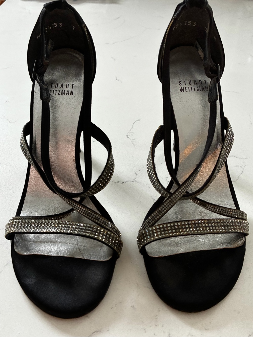 Stuart weitzman crystal satin black heels size 7